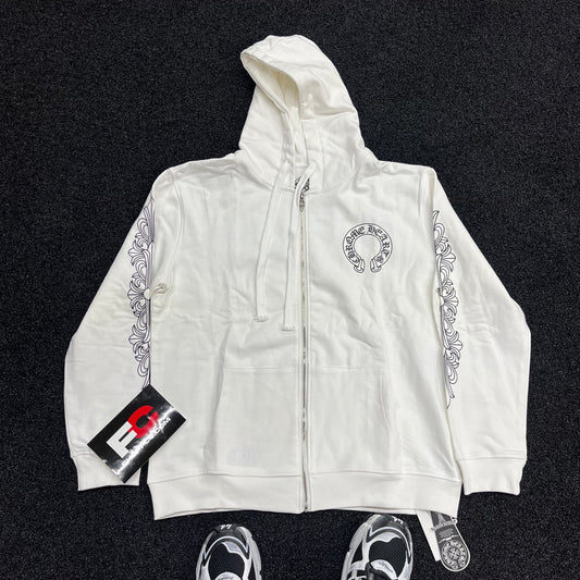 Chrome Hear*s FLORAL CROSS ZIP WHITE HOODIE