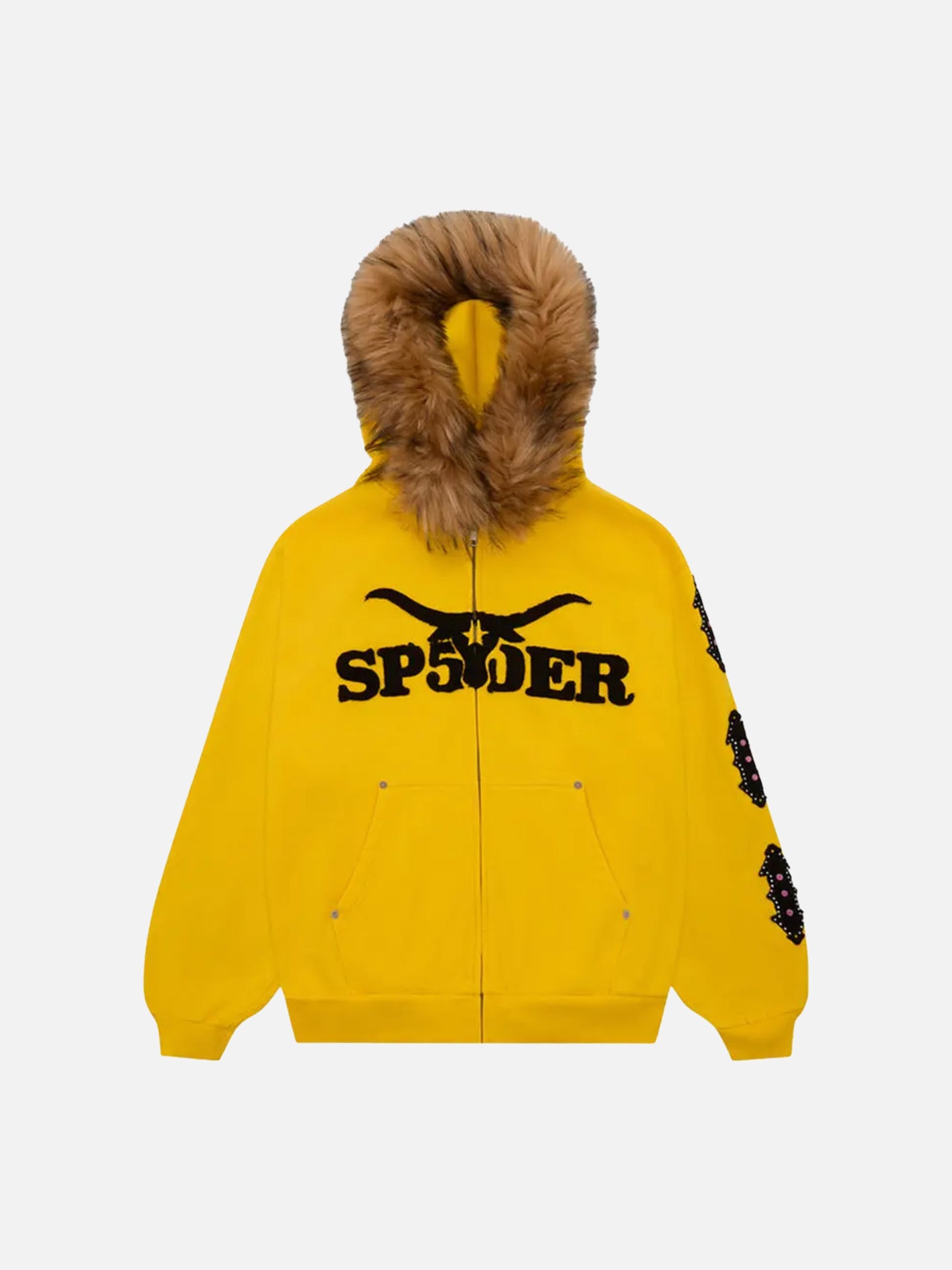 Sp5der Fur Hooded Zip Up Sweatshirt 'Yellow'