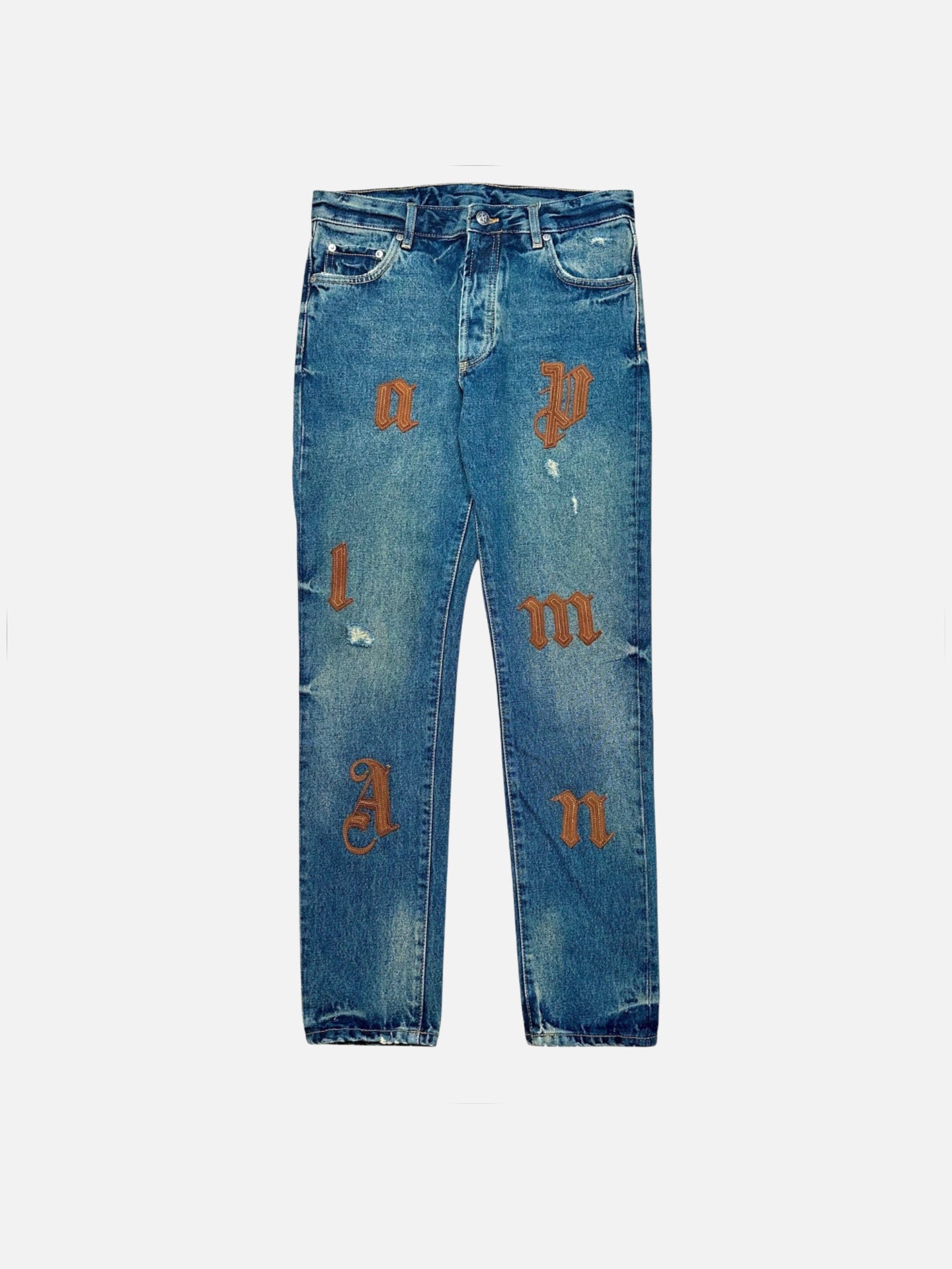 Palm Angels Logo Patches Jeans Blue ‘Golden Brown’